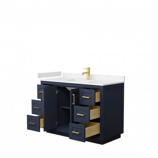 48 Inch Single Bathroom Vanity in Dark Blue, Light-Vein Carrara Cultured Marble Countertop, Sink, Gold Trim