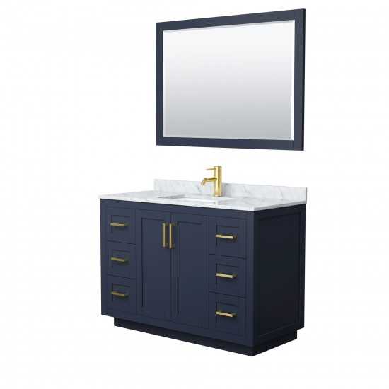 48 Inch Single Bathroom Vanity in Dark Blue, White Carrara Marble Countertop, Sink, Gold Trim, 46 Inch Mirror