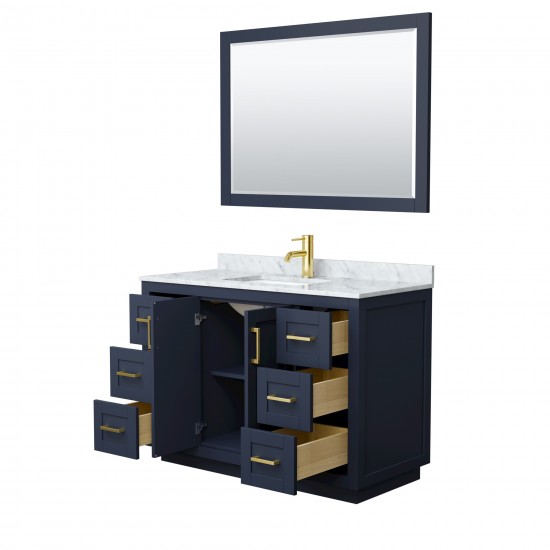 48 Inch Single Bathroom Vanity in Dark Blue, White Carrara Marble Countertop, Sink, Gold Trim, 46 Inch Mirror