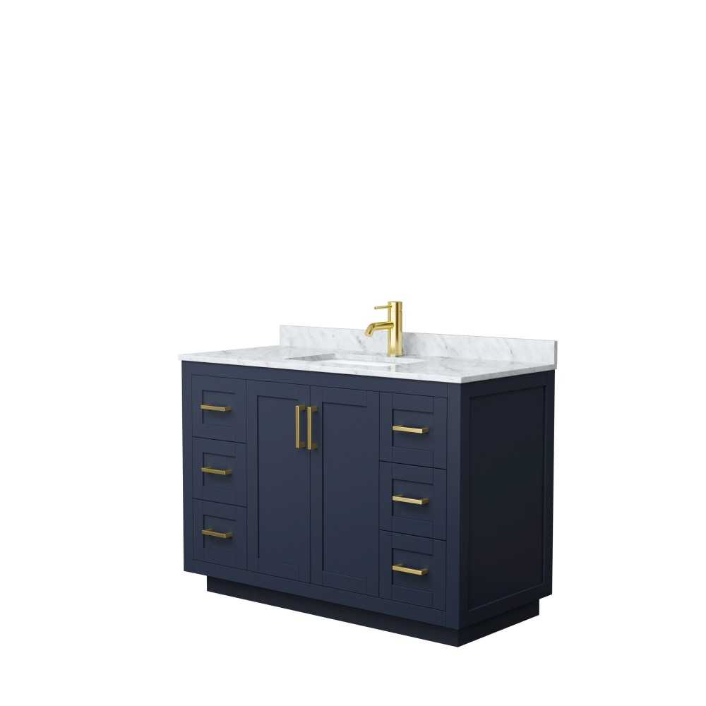 48 Inch Single Bathroom Vanity in Dark Blue, White Carrara Marble Countertop, Sink, Gold Trim