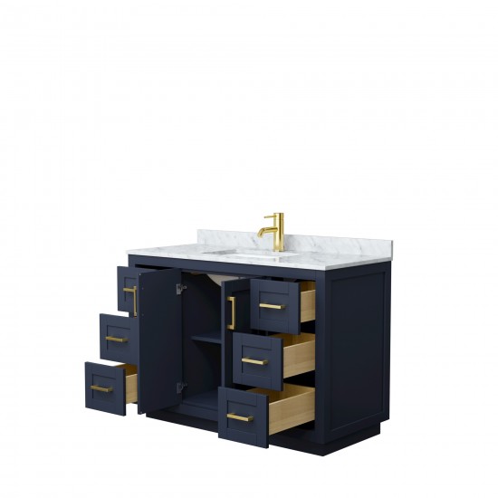 48 Inch Single Bathroom Vanity in Dark Blue, White Carrara Marble Countertop, Sink, Gold Trim