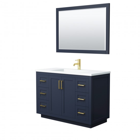 48 Inch Single Bathroom Vanity in Dark Blue, 1.25 Inch Thick White Solid Surface Countertop, Sink, Gold Trim, 46 Inch Mirror