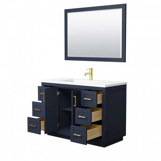 48 Inch Single Bathroom Vanity in Dark Blue, 1.25 Inch Thick White Solid Surface Countertop, Sink, Gold Trim, 46 Inch Mirror