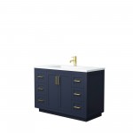 48 Inch Single Bathroom Vanity in Dark Blue, 1.25 Inch Thick White Solid Surface Countertop, Sink, Gold Trim