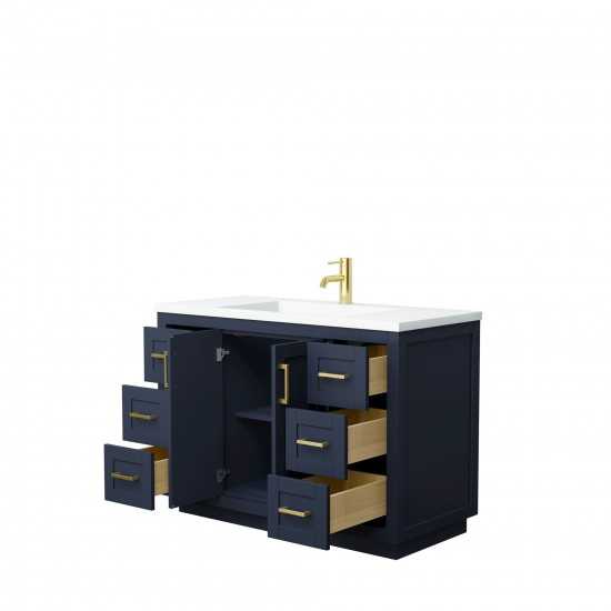 48 Inch Single Bathroom Vanity in Dark Blue, 1.25 Inch Thick White Solid Surface Countertop, Sink, Gold Trim