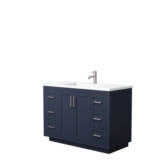 48 Inch Single Bathroom Vanity in Dark Blue, 1.25 Inch Thick White Solid Surface Countertop, Sink, Nickel Trim