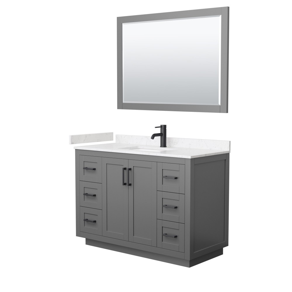 48 Inch Single Bathroom Vanity in Dark Gray, Light-Vein Carrara Cultured Marble Countertop, Sink, Black Trim, 46 Inch Mirror