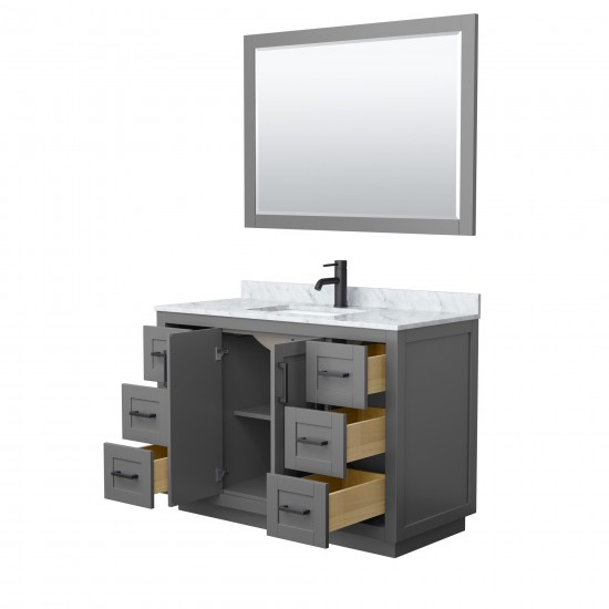 48 Inch Single Bathroom Vanity in Dark Gray, White Carrara Marble Countertop, Sink, Black Trim, 46 Inch Mirror