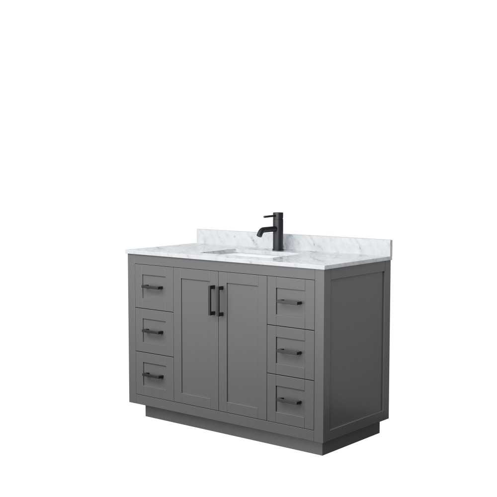 48 Inch Single Bathroom Vanity in Dark Gray, White Carrara Marble Countertop, Sink, Black Trim