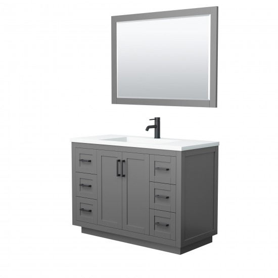 48 Inch Single Bathroom Vanity in Dark Gray, 1.25 Inch Thick White Solid Surface Countertop, Sink, Black Trim, 46 Inch Mirror