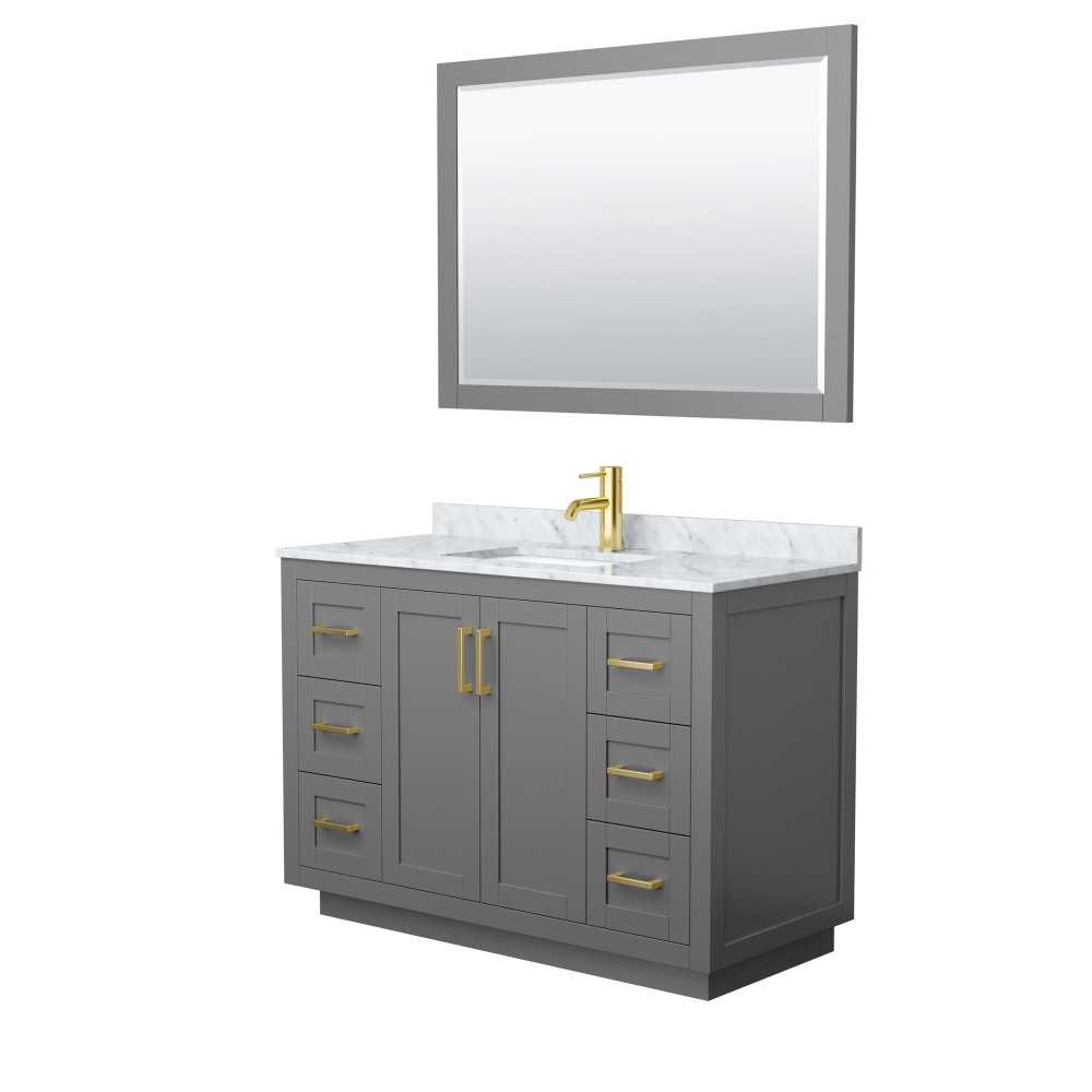 48 Inch Single Bathroom Vanity in Dark Gray, White Carrara Marble Countertop, Sink, Gold Trim, 46 Inch Mirror