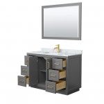 48 Inch Single Bathroom Vanity in Dark Gray, White Carrara Marble Countertop, Sink, Gold Trim, 46 Inch Mirror