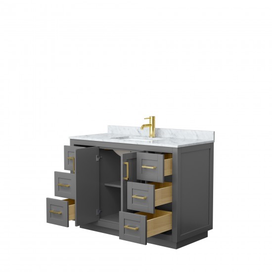 48 Inch Single Bathroom Vanity in Dark Gray, White Carrara Marble Countertop, Sink, Gold Trim