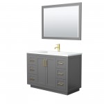 48 Inch Single Bathroom Vanity in Dark Gray, 1.25 Inch Thick White Solid Surface Countertop, Sink, Gold Trim, 46 Inch Mirror