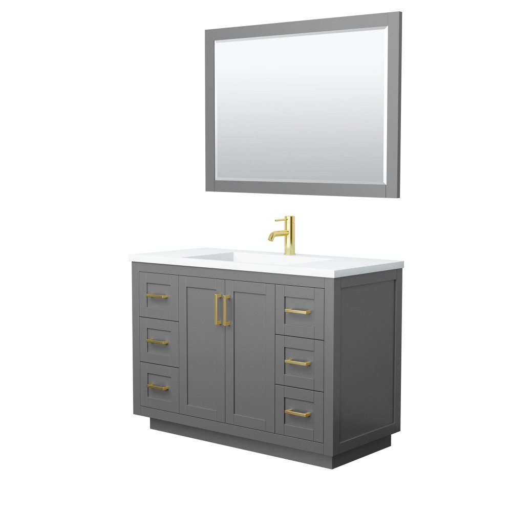 48 Inch Single Bathroom Vanity in Dark Gray, 1.25 Inch Thick White Solid Surface Countertop, Sink, Gold Trim, 46 Inch Mirror