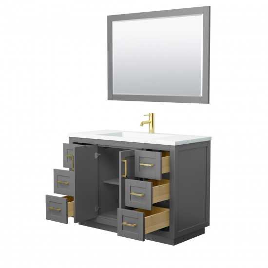 48 Inch Single Bathroom Vanity in Dark Gray, 1.25 Inch Thick White Solid Surface Countertop, Sink, Gold Trim, 46 Inch Mirror