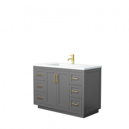 48 Inch Single Bathroom Vanity in Dark Gray, 1.25 Inch Thick White Solid Surface Countertop, Sink, Gold Trim