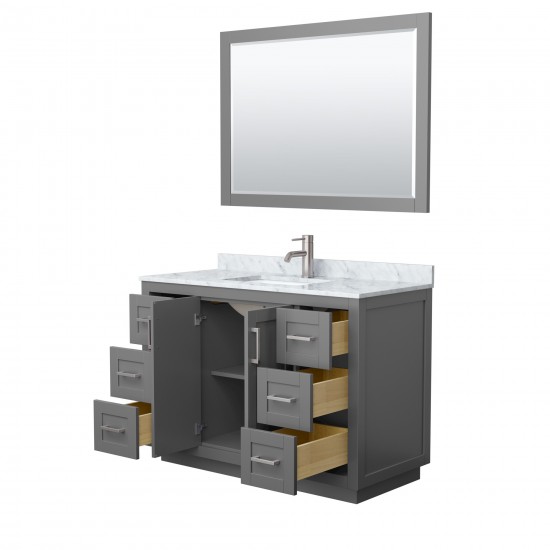 48 Inch Single Bathroom Vanity in Dark Gray, White Carrara Marble Countertop, Sink, Nickel Trim, 46 Inch Mirror