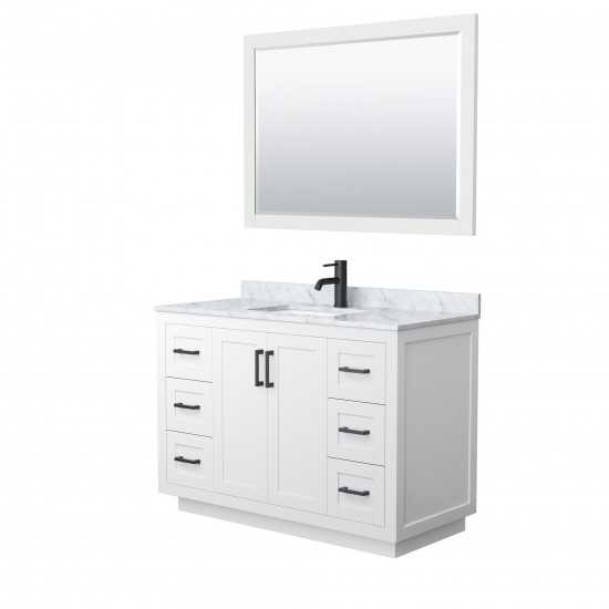 48 Inch Single Bathroom Vanity in White, White Carrara Marble Countertop, Sink, Black Trim, 46 Inch Mirror