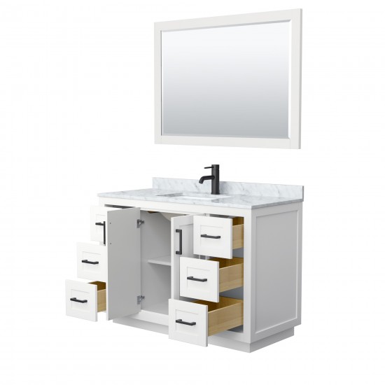 48 Inch Single Bathroom Vanity in White, White Carrara Marble Countertop, Sink, Black Trim, 46 Inch Mirror