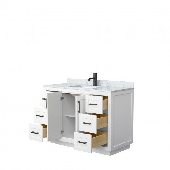 48 Inch Single Bathroom Vanity in White, White Carrara Marble Countertop, Sink, Black Trim
