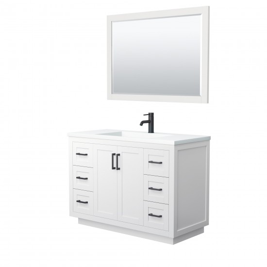 48 Inch Single Bathroom Vanity in White, 1.25 Inch Thick White Solid Surface Countertop, Sink, Black Trim, 46 Inch Mirror