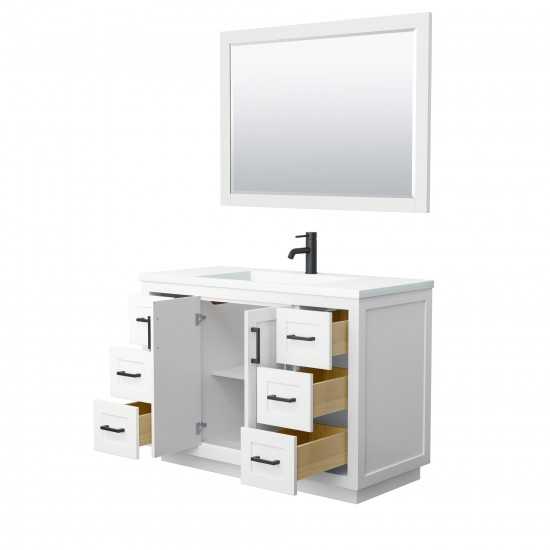 48 Inch Single Bathroom Vanity in White, 1.25 Inch Thick White Solid Surface Countertop, Sink, Black Trim, 46 Inch Mirror