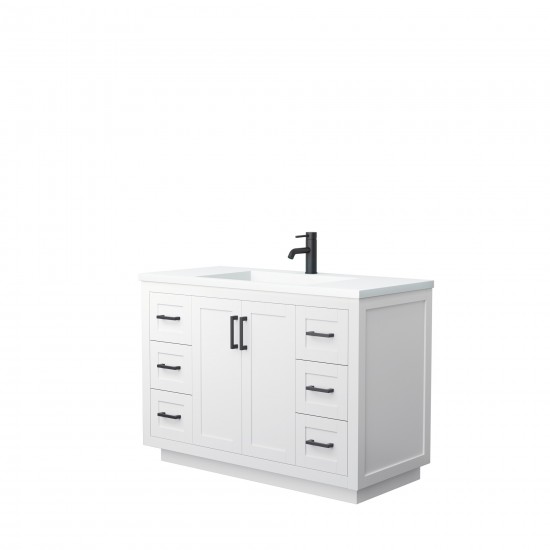 48 Inch Single Bathroom Vanity in White, 1.25 Inch Thick White Solid Surface Countertop, Sink, Black Trim