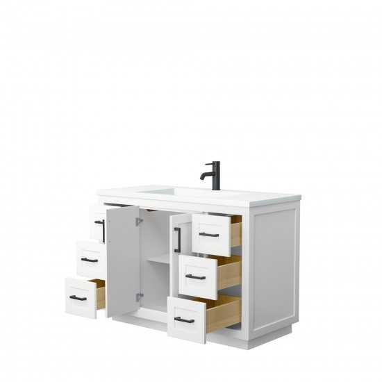 48 Inch Single Bathroom Vanity in White, 1.25 Inch Thick White Solid Surface Countertop, Sink, Black Trim