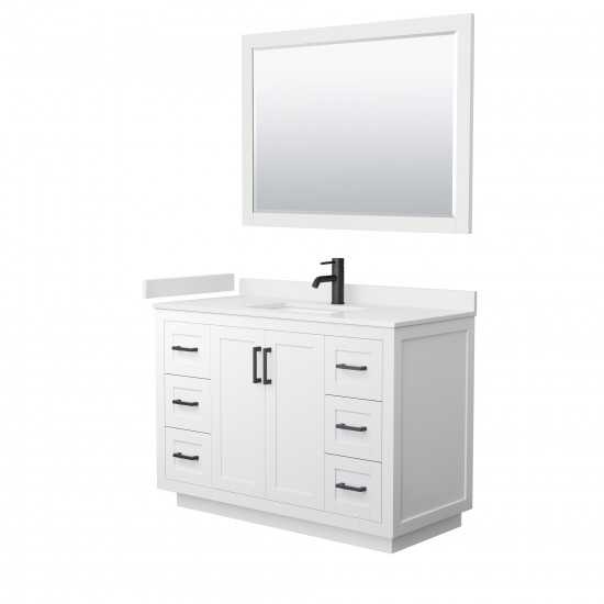 48 Inch Single Bathroom Vanity in White, White Cultured Marble Countertop, Sink, Black Trim, 46 Inch Mirror