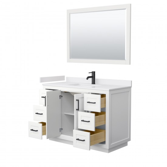 48 Inch Single Bathroom Vanity in White, White Cultured Marble Countertop, Sink, Black Trim, 46 Inch Mirror