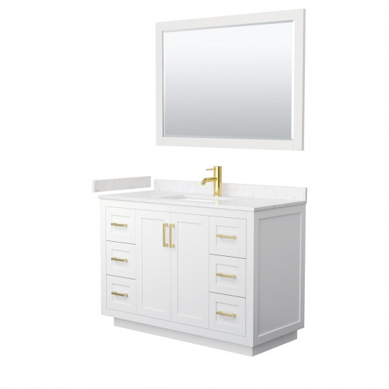 48 Inch Single Bathroom Vanity in White, Light-Vein Carrara Cultured Marble Countertop, Sink, Gold Trim, 46 Inch Mirror