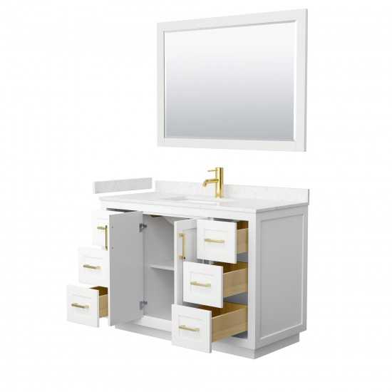 48 Inch Single Bathroom Vanity in White, Light-Vein Carrara Cultured Marble Countertop, Sink, Gold Trim, 46 Inch Mirror