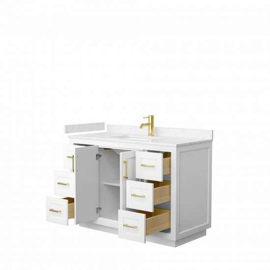 48 Inch Single Bathroom Vanity in White, Light-Vein Carrara Cultured Marble Countertop, Sink, Gold Trim