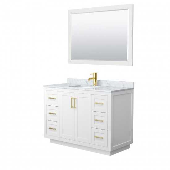 48 Inch Single Bathroom Vanity in White, White Carrara Marble Countertop, Sink, Gold Trim, 46 Inch Mirror