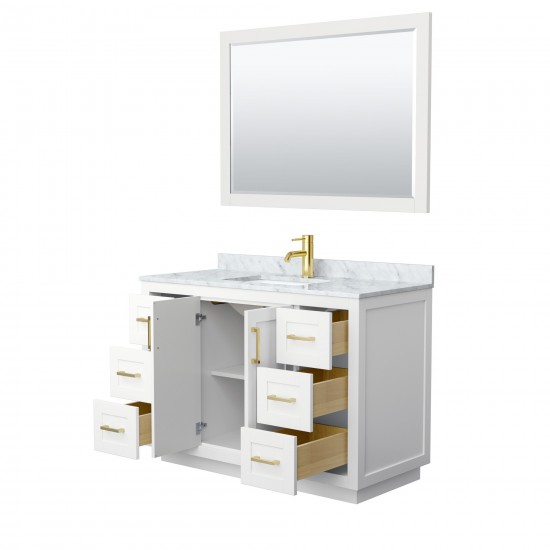 48 Inch Single Bathroom Vanity in White, White Carrara Marble Countertop, Sink, Gold Trim, 46 Inch Mirror