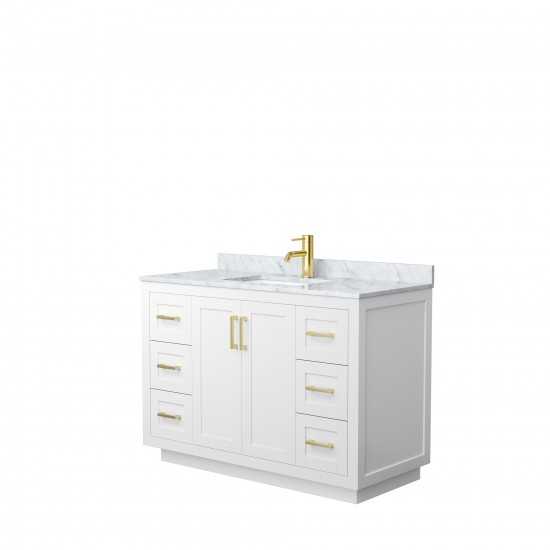 48 Inch Single Bathroom Vanity in White, White Carrara Marble Countertop, Sink, Gold Trim