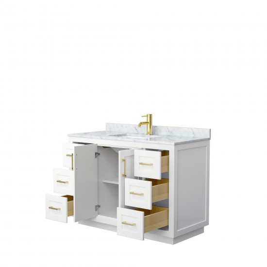 48 Inch Single Bathroom Vanity in White, White Carrara Marble Countertop, Sink, Gold Trim