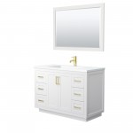 48 Inch Single Bathroom Vanity in White, 1.25 Inch Thick White Solid Surface Countertop, Sink, Gold Trim, 46 Inch Mirror