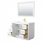 48 Inch Single Bathroom Vanity in White, 1.25 Inch Thick White Solid Surface Countertop, Sink, Gold Trim, 46 Inch Mirror