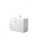 48 Inch Single Bathroom Vanity in White, 1.25 Inch Thick White Solid Surface Countertop, Sink, Gold Trim