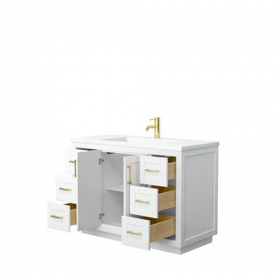 48 Inch Single Bathroom Vanity in White, 1.25 Inch Thick White Solid Surface Countertop, Sink, Gold Trim