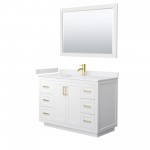 48 Inch Single Bathroom Vanity in White, White Cultured Marble Countertop, Sink, Gold Trim, 46 Inch Mirror