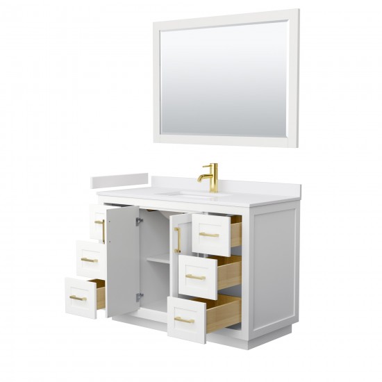 48 Inch Single Bathroom Vanity in White, White Cultured Marble Countertop, Sink, Gold Trim, 46 Inch Mirror