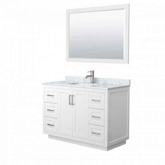 48 Inch Single Bathroom Vanity in White, White Carrara Marble Countertop, Sink, Nickel Trim, 46 Inch Mirror