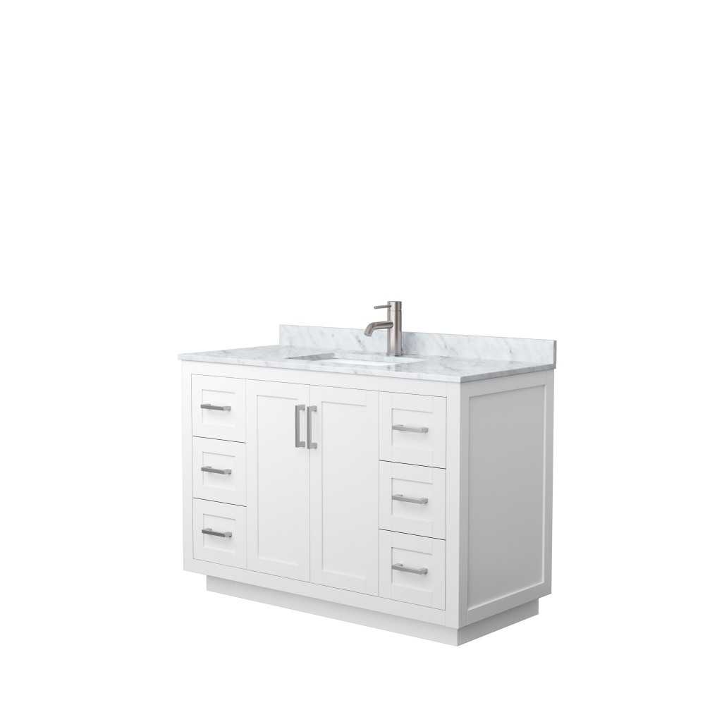 48 Inch Single Bathroom Vanity in White, White Carrara Marble Countertop, Sink, Nickel Trim