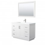 48 Inch Single Bathroom Vanity in White, 1.25 Inch Thick White Solid Surface Countertop, Sink, Nickel Trim, 46 Inch Mirror