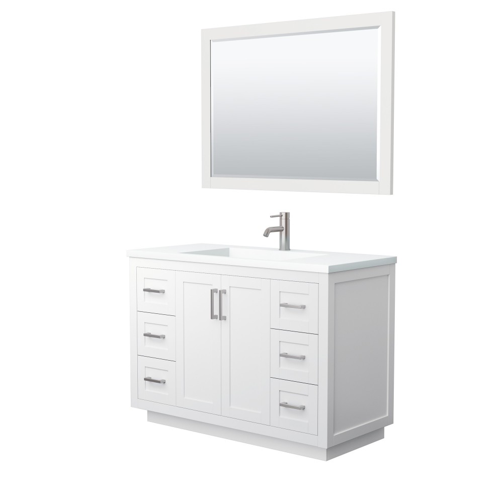 48 Inch Single Bathroom Vanity in White, 1.25 Inch Thick White Solid Surface Countertop, Sink, Nickel Trim, 46 Inch Mirror