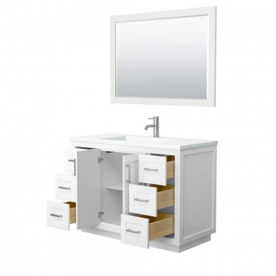 48 Inch Single Bathroom Vanity in White, 1.25 Inch Thick White Solid Surface Countertop, Sink, Nickel Trim, 46 Inch Mirror