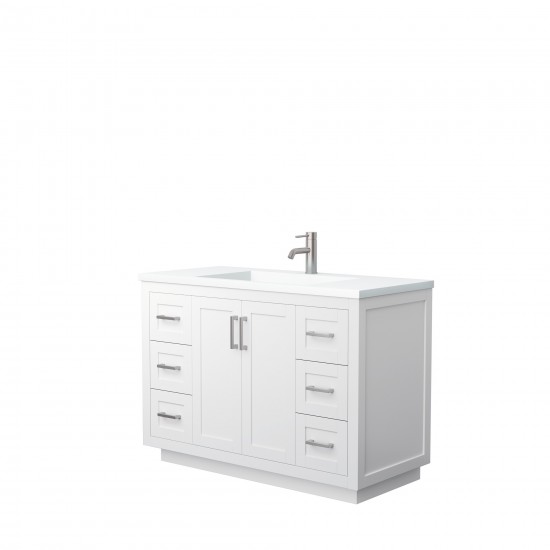 48 Inch Single Bathroom Vanity in White, 1.25 Inch Thick White Solid Surface Countertop, Sink, Nickel Trim